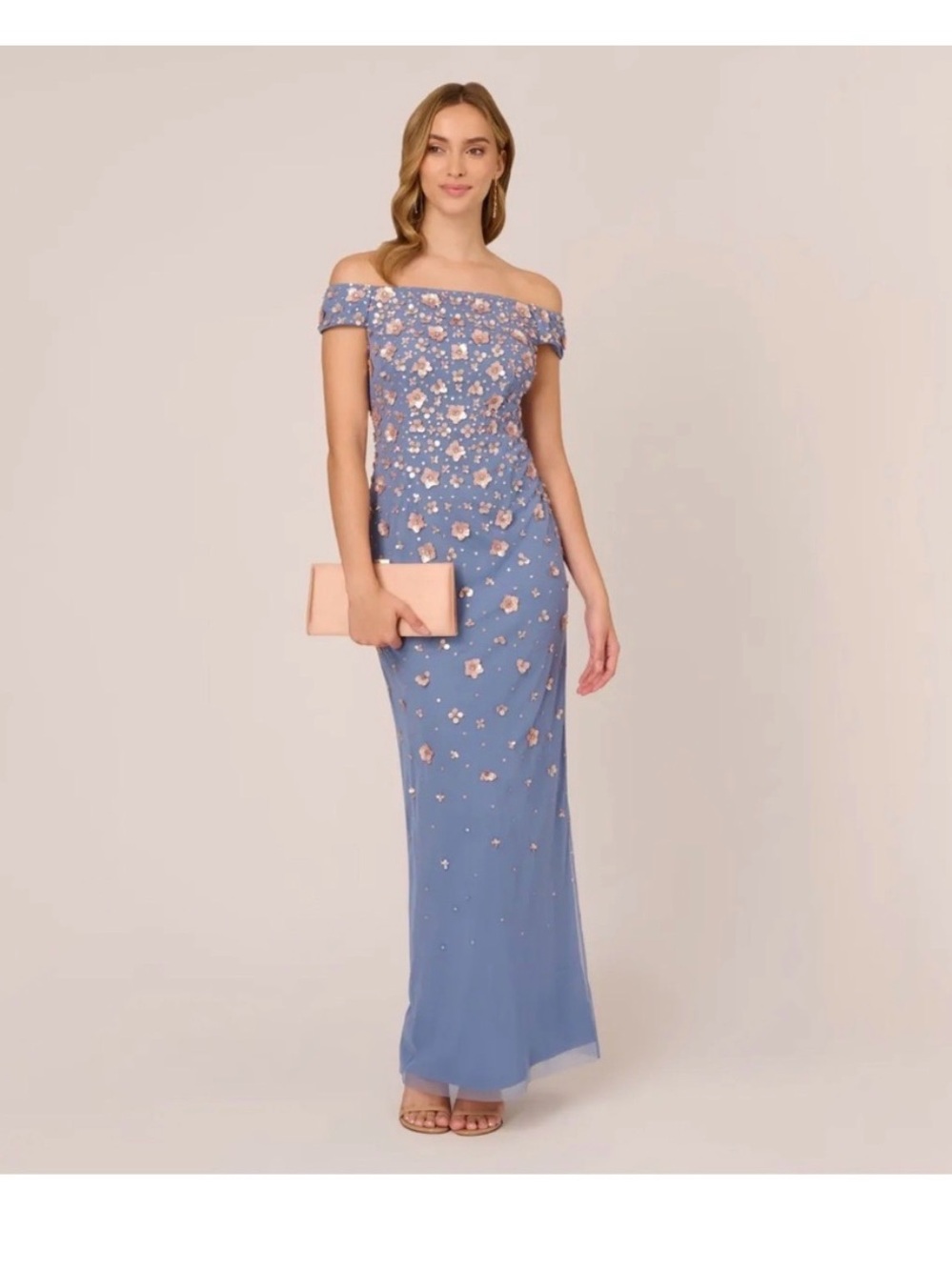 Adrianna Papell Size 2 Blue Pink Floral Beaded Off Shoulder Gown NWT GALA MOB